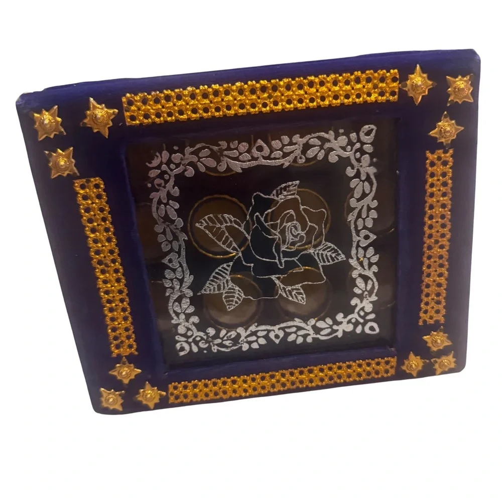 Vintage Blue Velvet Box Persian Design Glass Lid Ornate Trim Display Compartment